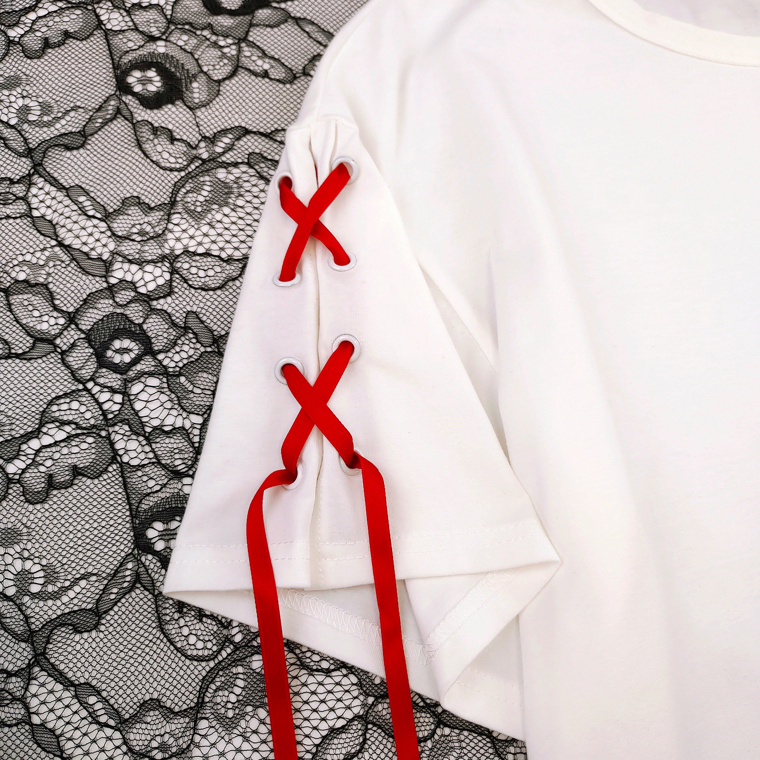 Kawaii Japanese Sakura Ribbon T-Shirt Harajuku Red Lace Sleeve Cotton Tee